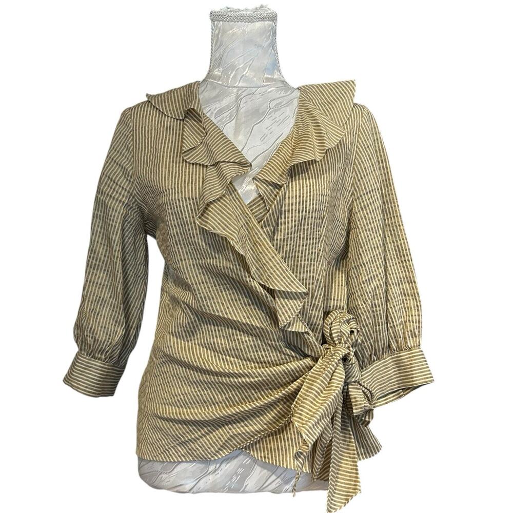 Vintage 90s Metallic Gold Stripe Wrap Blouse Ruffle Collar Bishop Sleeve Size 4 - Picture 2 of 14